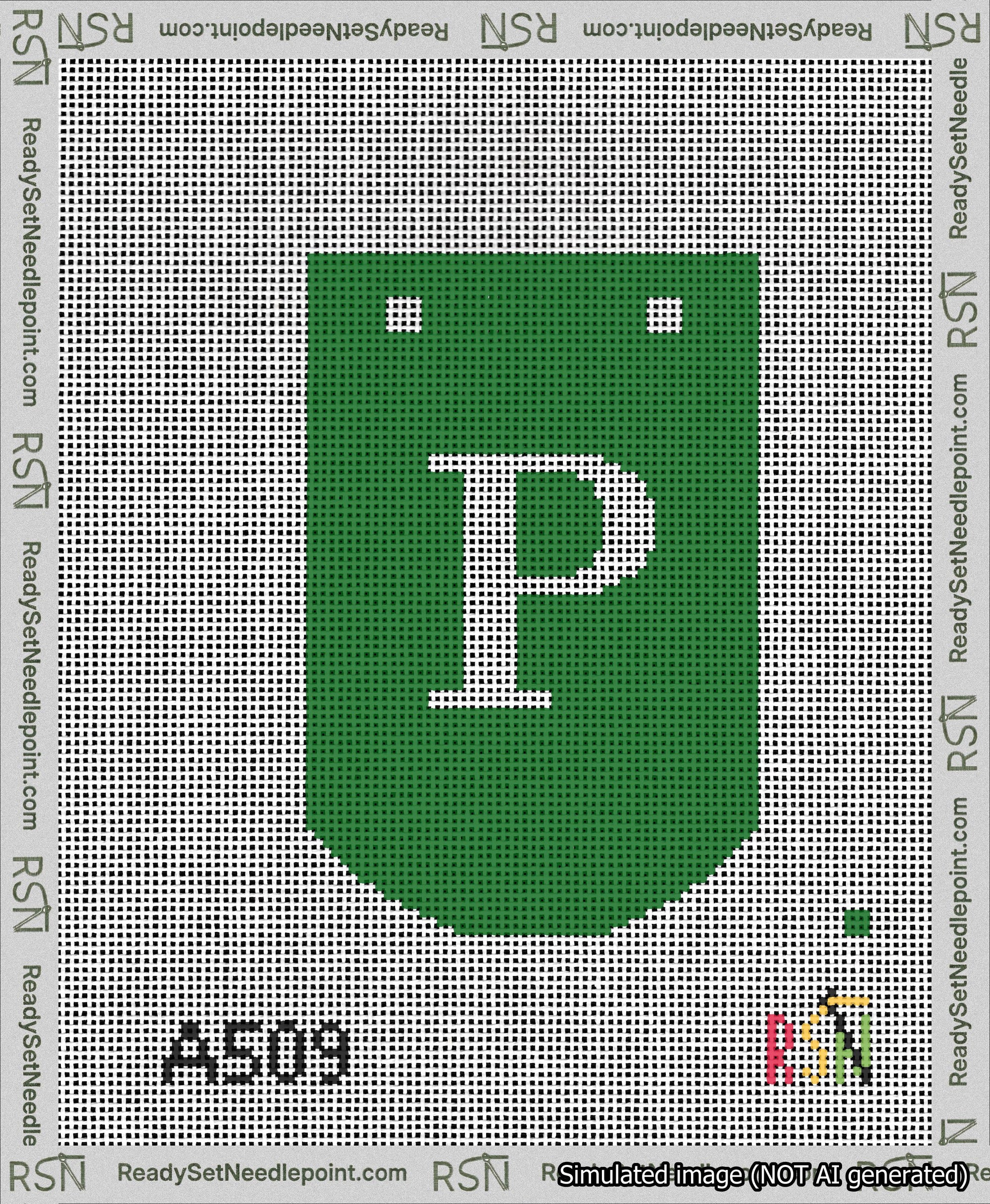 A taped needlepoint canvas with the design: Banner 13 mesh count Curved P White on Green.
