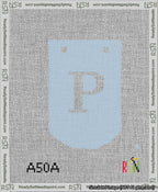 A taped needlepoint canvas with the design: Banner 13 mesh count Curved P White on Light Blue.