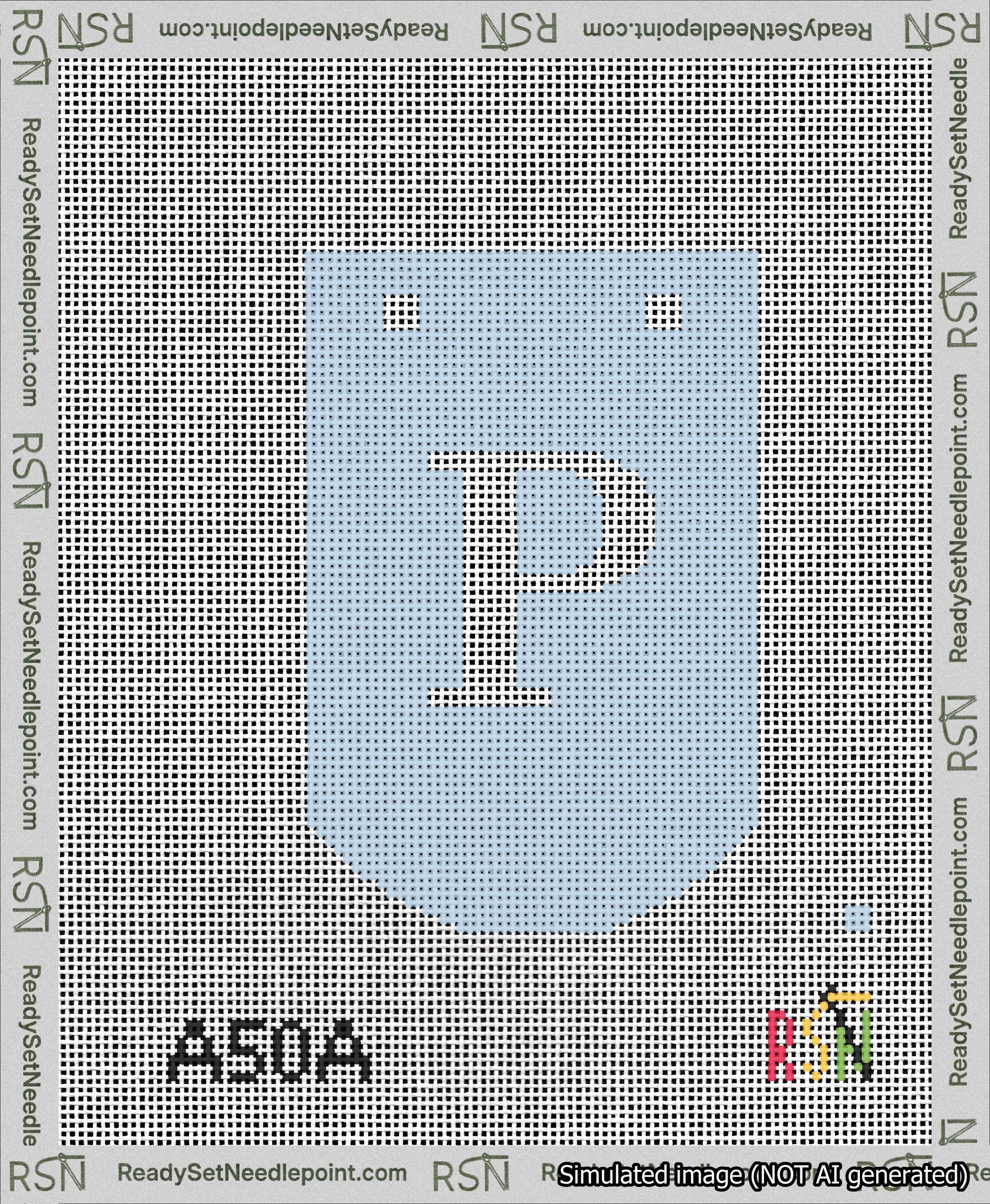 A taped needlepoint canvas with the design: Banner 13 mesh count Curved P White on Light Blue.