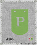 A taped needlepoint canvas with the design: Banner 13 mesh count Curved P White on Light Green.