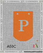A taped needlepoint canvas with the design: Banner 13 mesh count Curved P White on Orange.