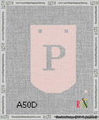 A taped needlepoint canvas with the design: Banner 13 mesh count Curved P White on Pink.