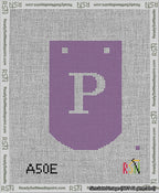 A taped needlepoint canvas with the design: Banner 13 mesh count Curved P White on Purple.