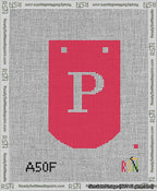 A taped needlepoint canvas with the design: Banner 13 mesh count Curved P White on Red.