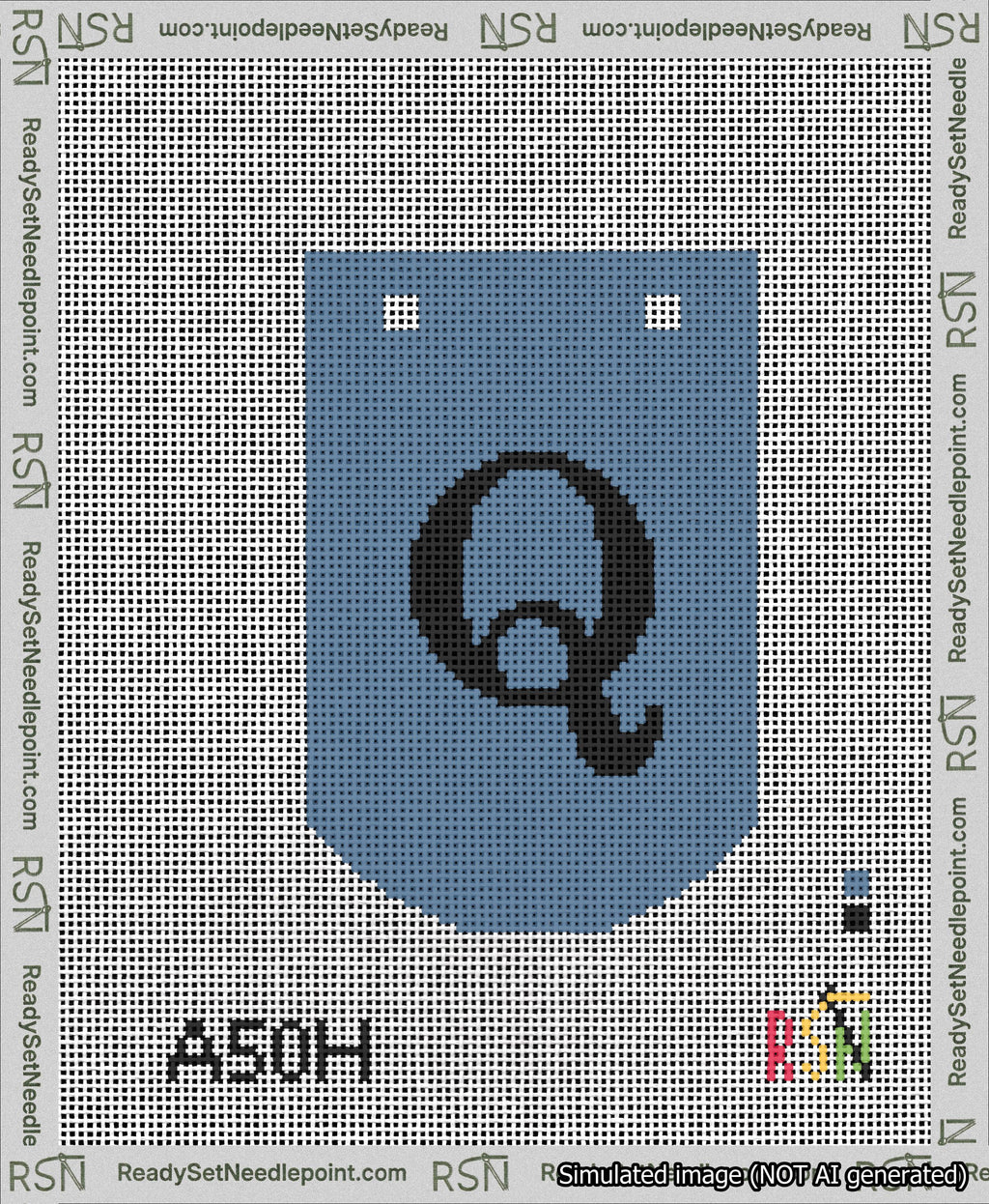 A taped needlepoint canvas with the design: Banner 13 mesh count Curved Q Black on Blue.