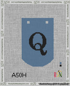 A taped needlepoint canvas with the design: Banner 13 mesh count Curved Q Black on Blue.