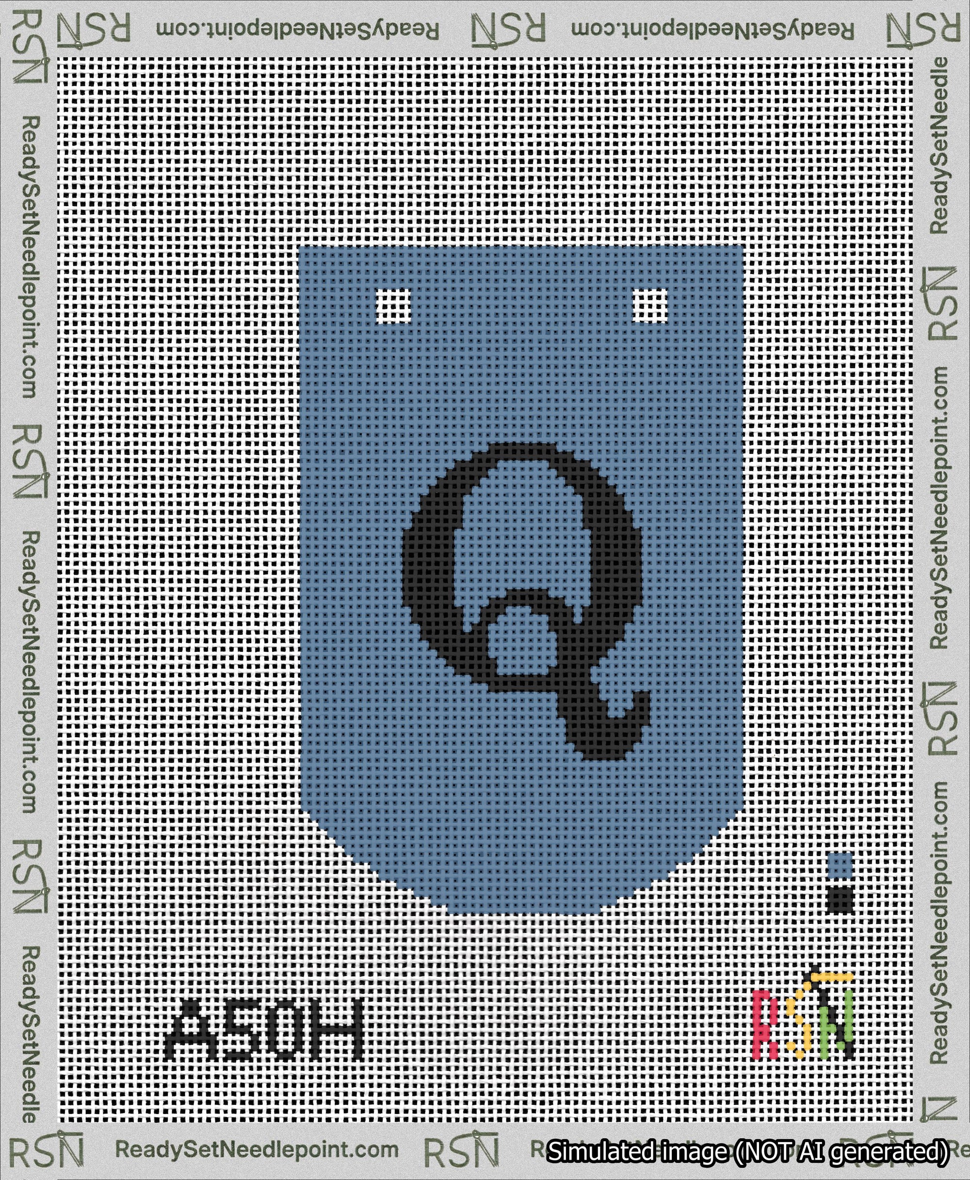 A taped needlepoint canvas with the design: Banner 13 mesh count Curved Q Black on Blue.