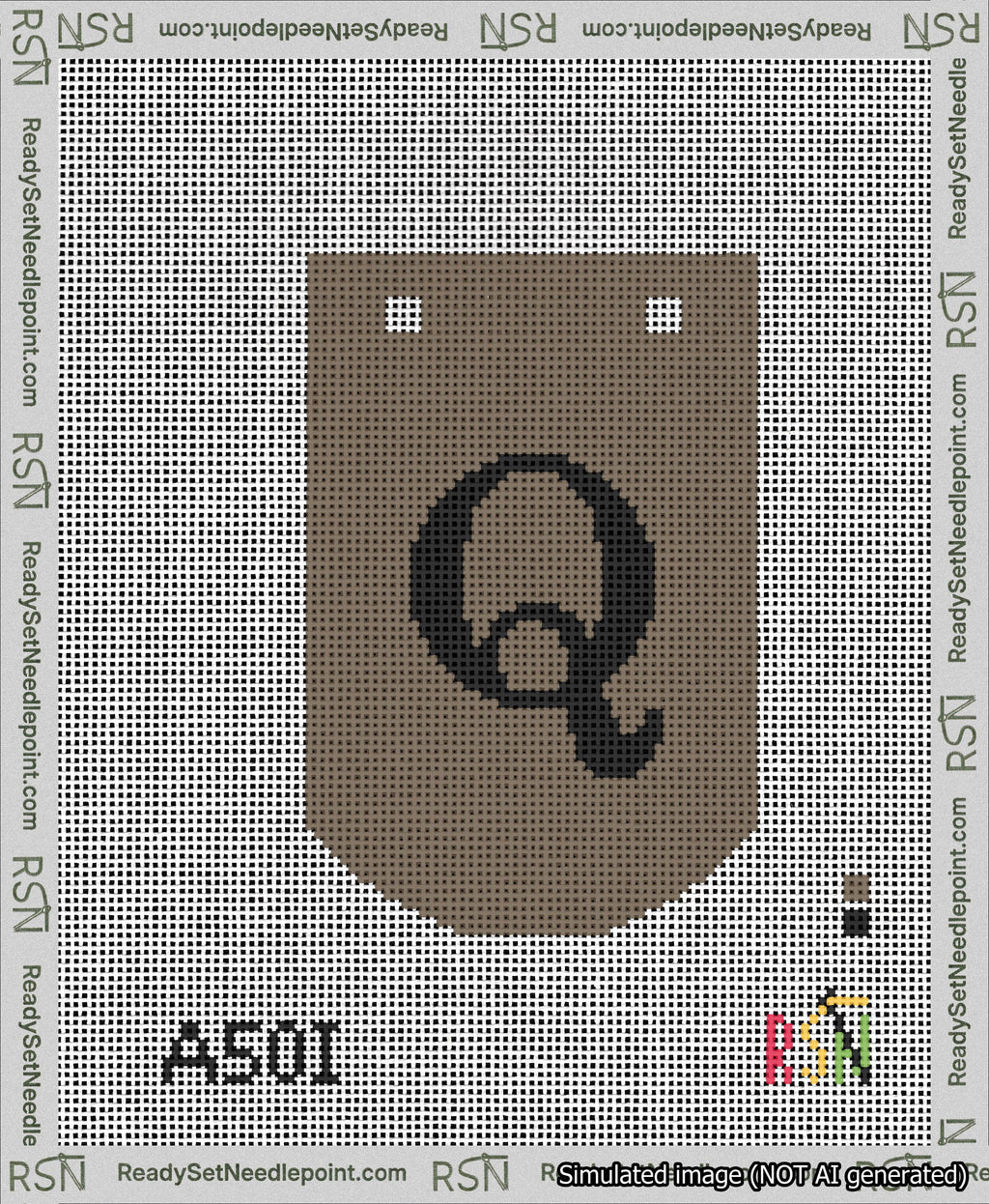 A taped needlepoint canvas with the design: Banner 13 mesh count Curved Q Black on Brown.
