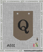 A taped needlepoint canvas with the design: Banner 13 mesh count Curved Q Black on Brown.