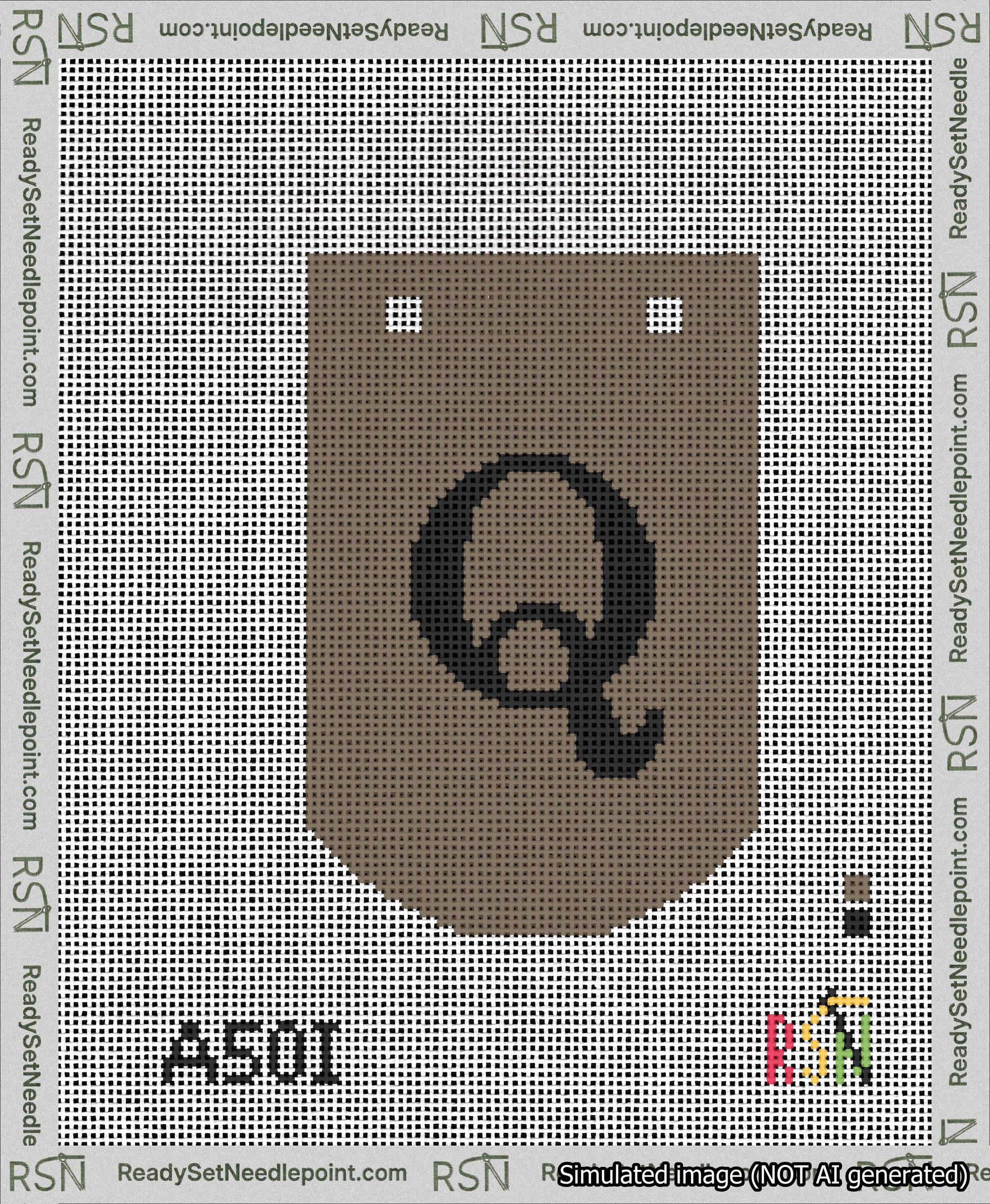 A taped needlepoint canvas with the design: Banner 13 mesh count Curved Q Black on Brown.