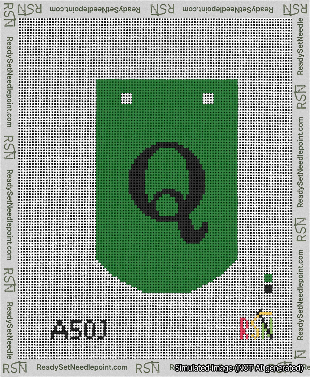 A taped needlepoint canvas with the design: Banner 13 mesh count Curved Q Black on Green.