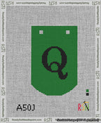 A taped needlepoint canvas with the design: Banner 13 mesh count Curved Q Black on Green.