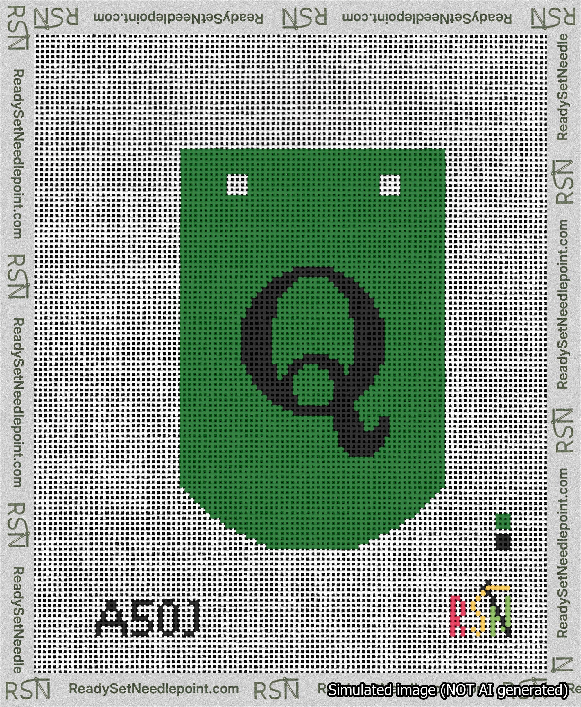 A taped needlepoint canvas with the design: Banner 13 mesh count Curved Q Black on Green.