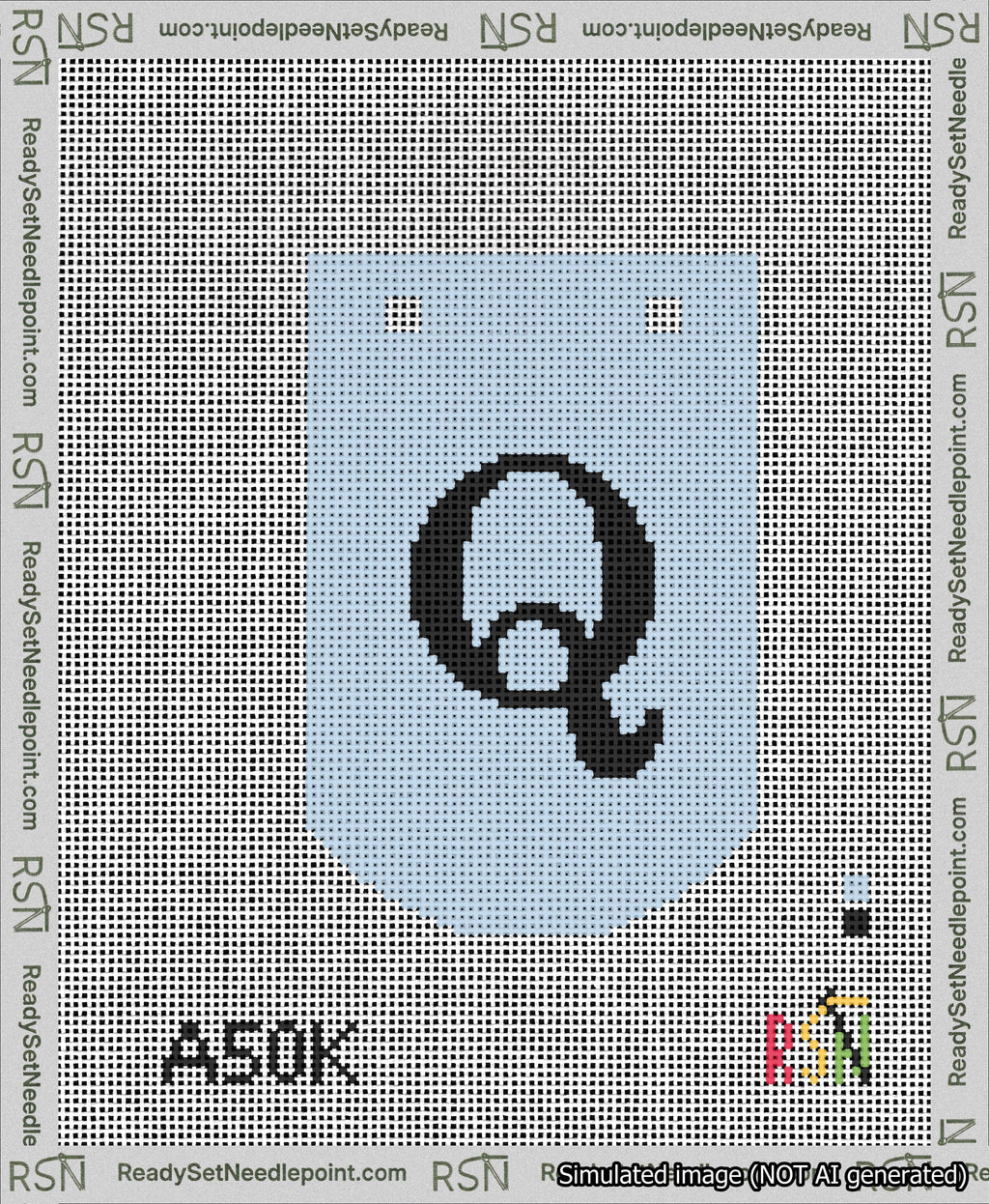 A taped needlepoint canvas with the design: Banner 13 mesh count Curved Q Black on Light Blue.