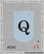 A taped needlepoint canvas with the design: Banner 13 mesh count Curved Q Black on Light Blue.