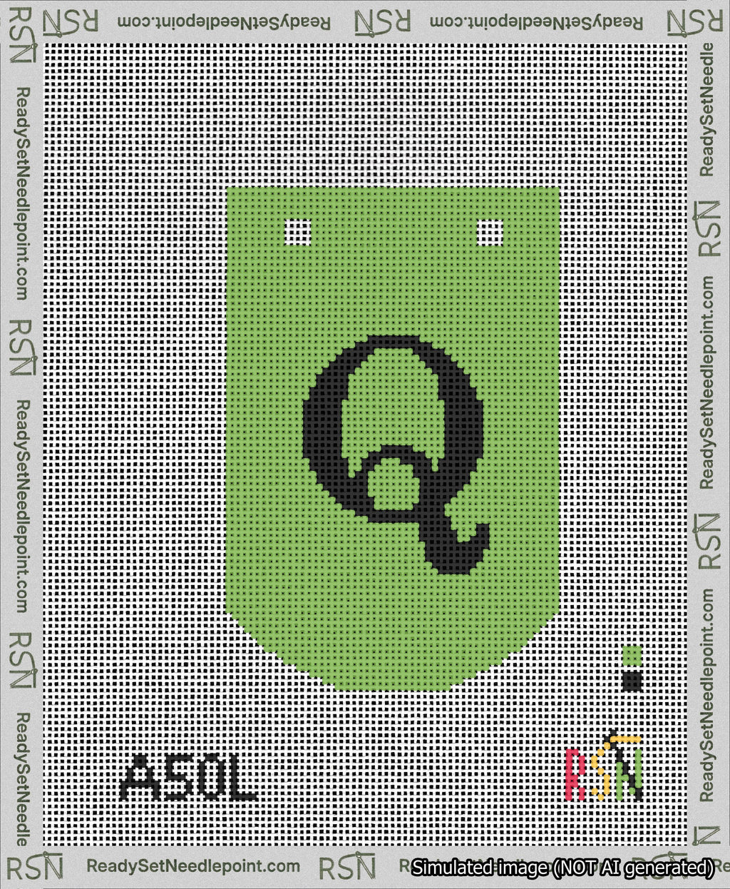 A taped needlepoint canvas with the design: Banner 13 mesh count Curved Q Black on Light Green.