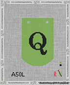 A taped needlepoint canvas with the design: Banner 13 mesh count Curved Q Black on Light Green.
