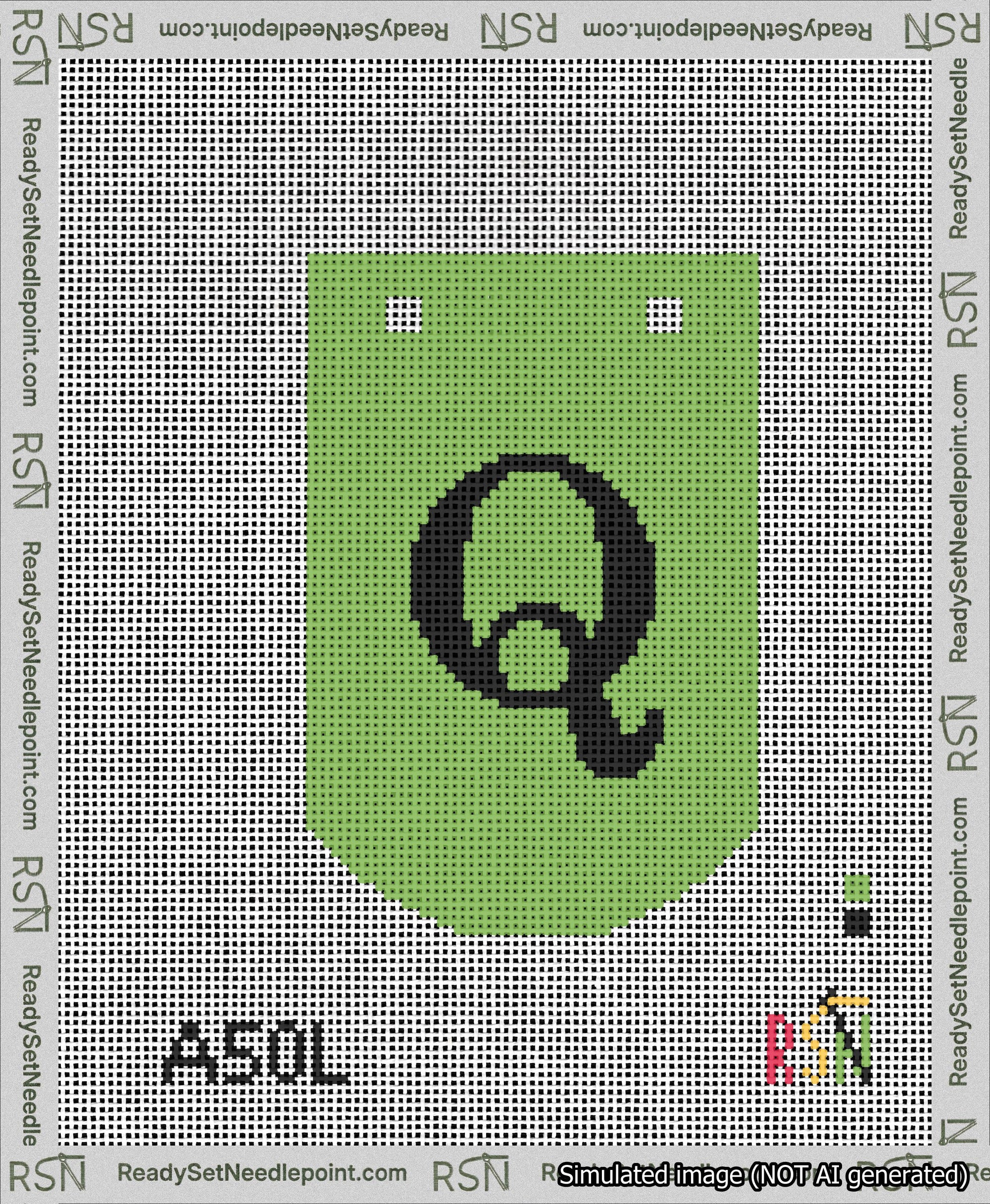 A taped needlepoint canvas with the design: Banner 13 mesh count Curved Q Black on Light Green.