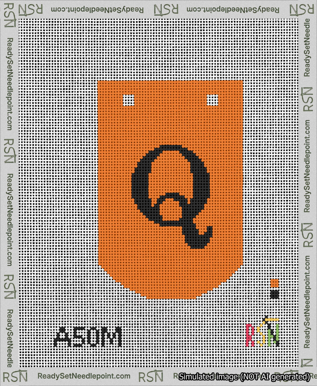 A taped needlepoint canvas with the design: Banner 13 mesh count Curved Q Black on Orange.