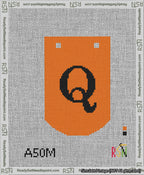 A taped needlepoint canvas with the design: Banner 13 mesh count Curved Q Black on Orange.