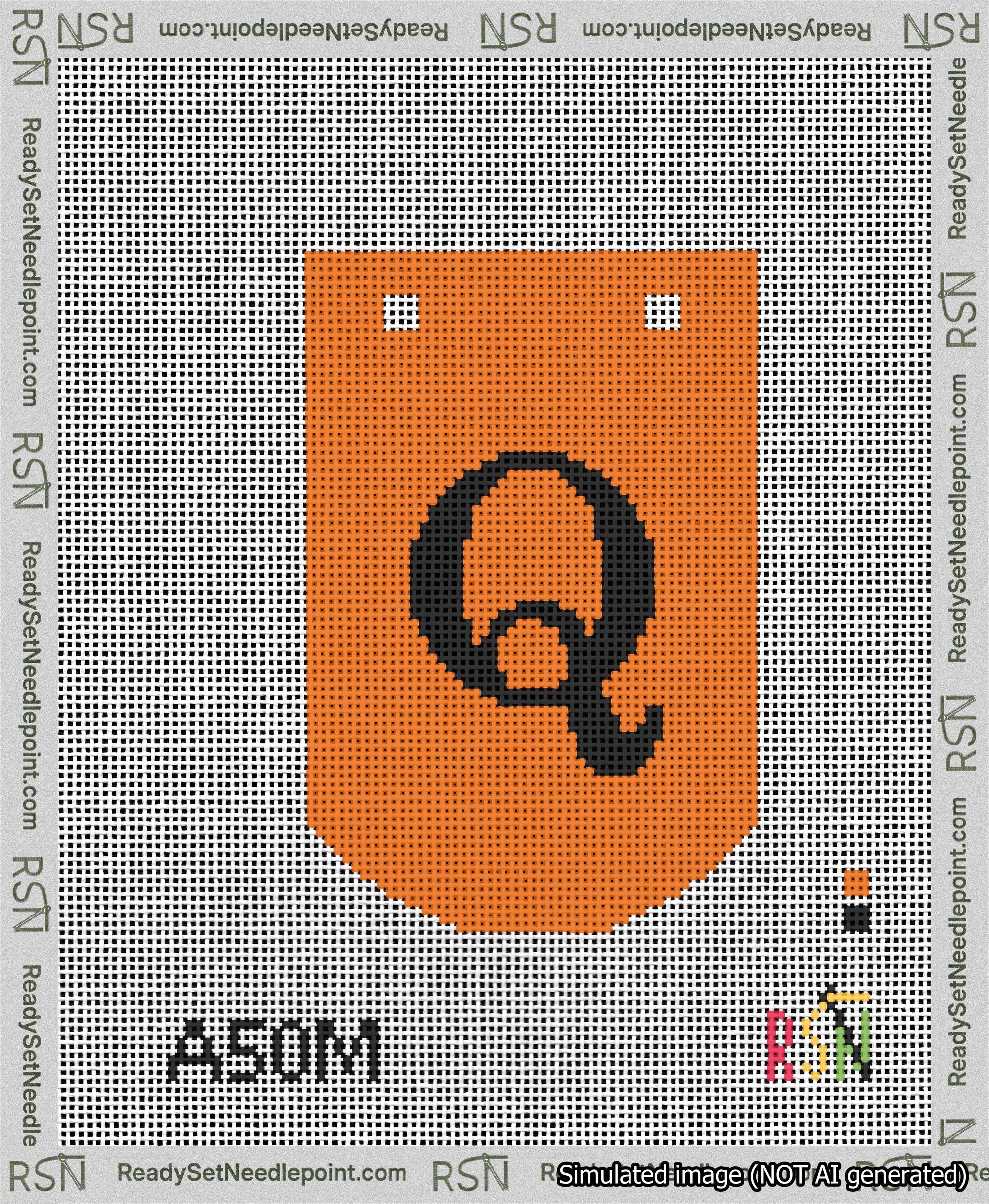 A taped needlepoint canvas with the design: Banner 13 mesh count Curved Q Black on Orange.