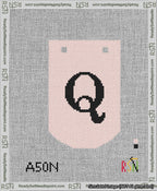 A taped needlepoint canvas with the design: Banner 13 mesh count Curved Q Black on Pink.