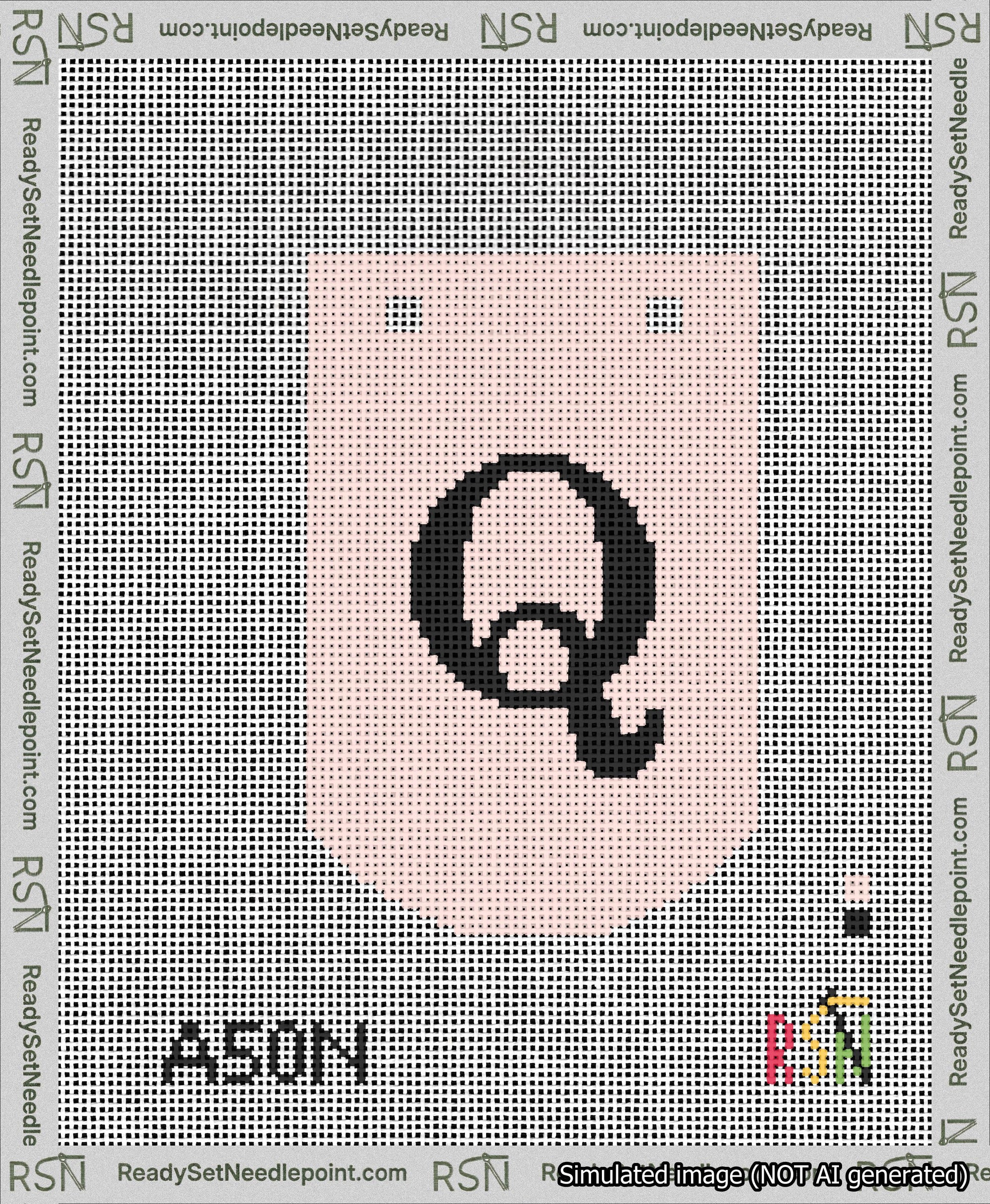 A taped needlepoint canvas with the design: Banner 13 mesh count Curved Q Black on Pink.