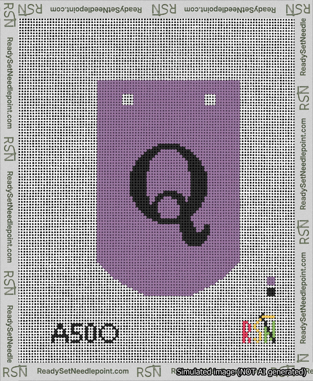 A taped needlepoint canvas with the design: Banner 13 mesh count Curved Q Black on Purple.