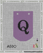 A taped needlepoint canvas with the design: Banner 13 mesh count Curved Q Black on Purple.