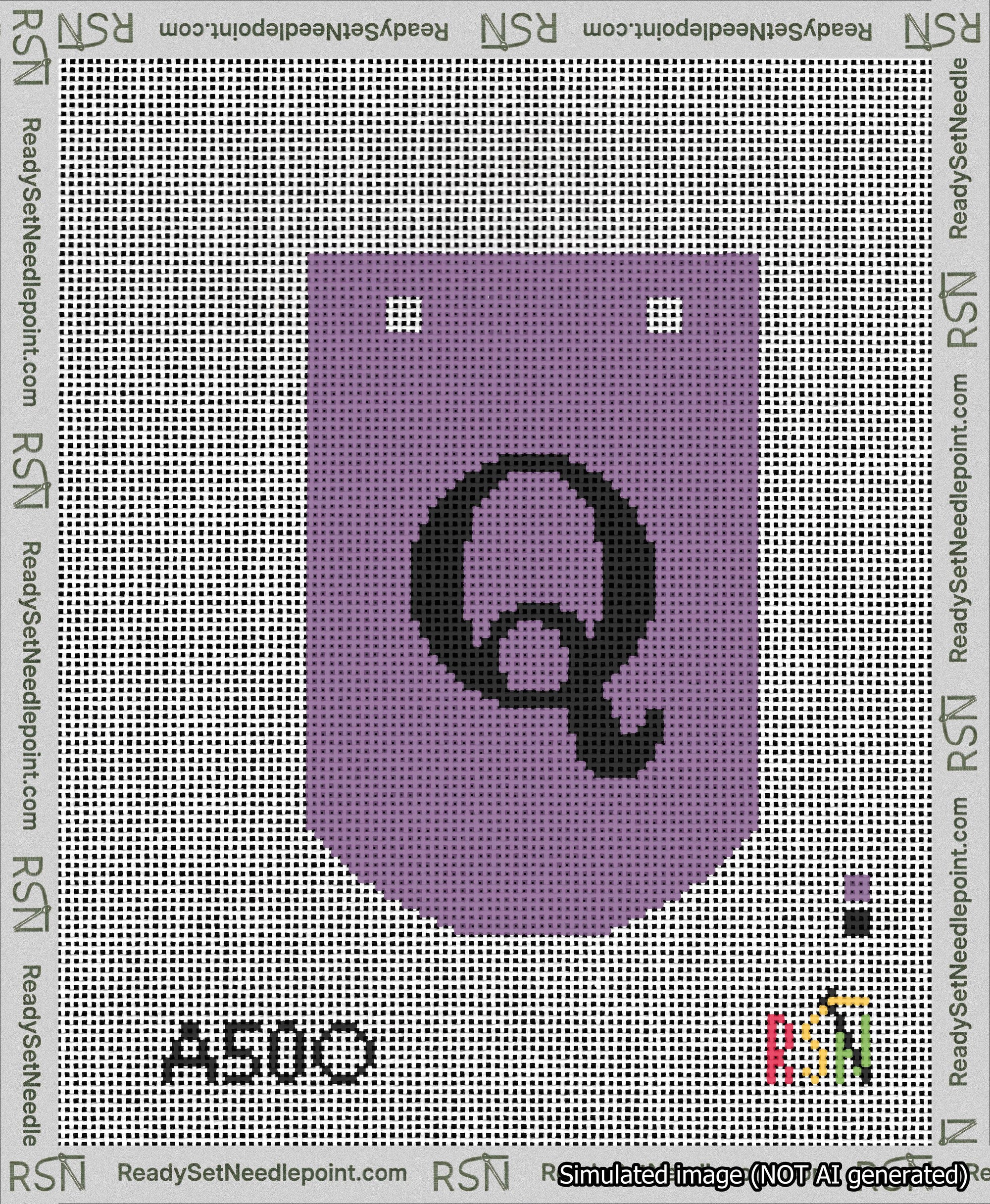 A taped needlepoint canvas with the design: Banner 13 mesh count Curved Q Black on Purple.