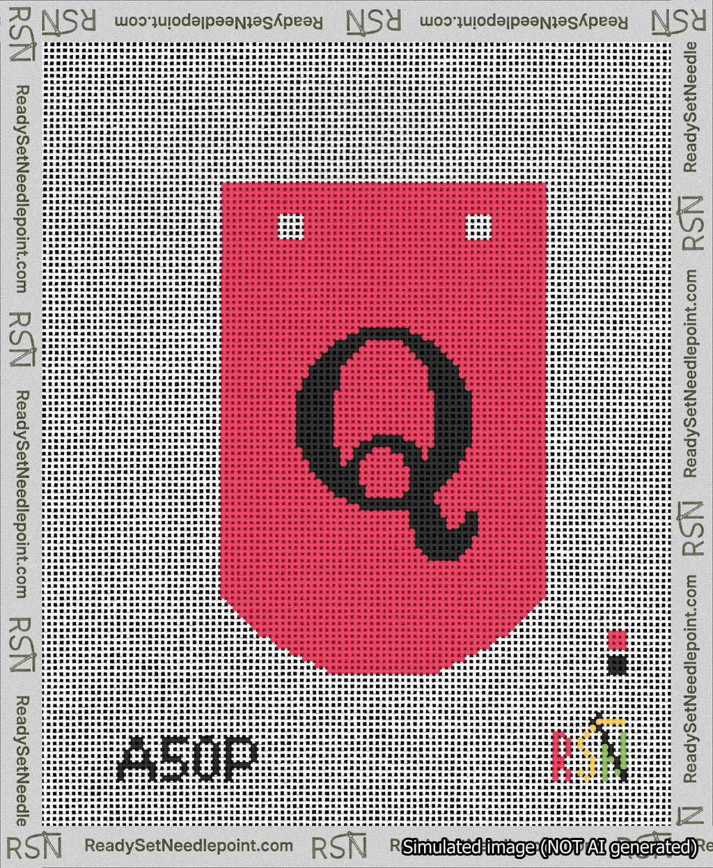 A taped needlepoint canvas with the design: Banner 13 mesh count Curved Q Black on Red.