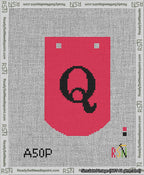 A taped needlepoint canvas with the design: Banner 13 mesh count Curved Q Black on Red.