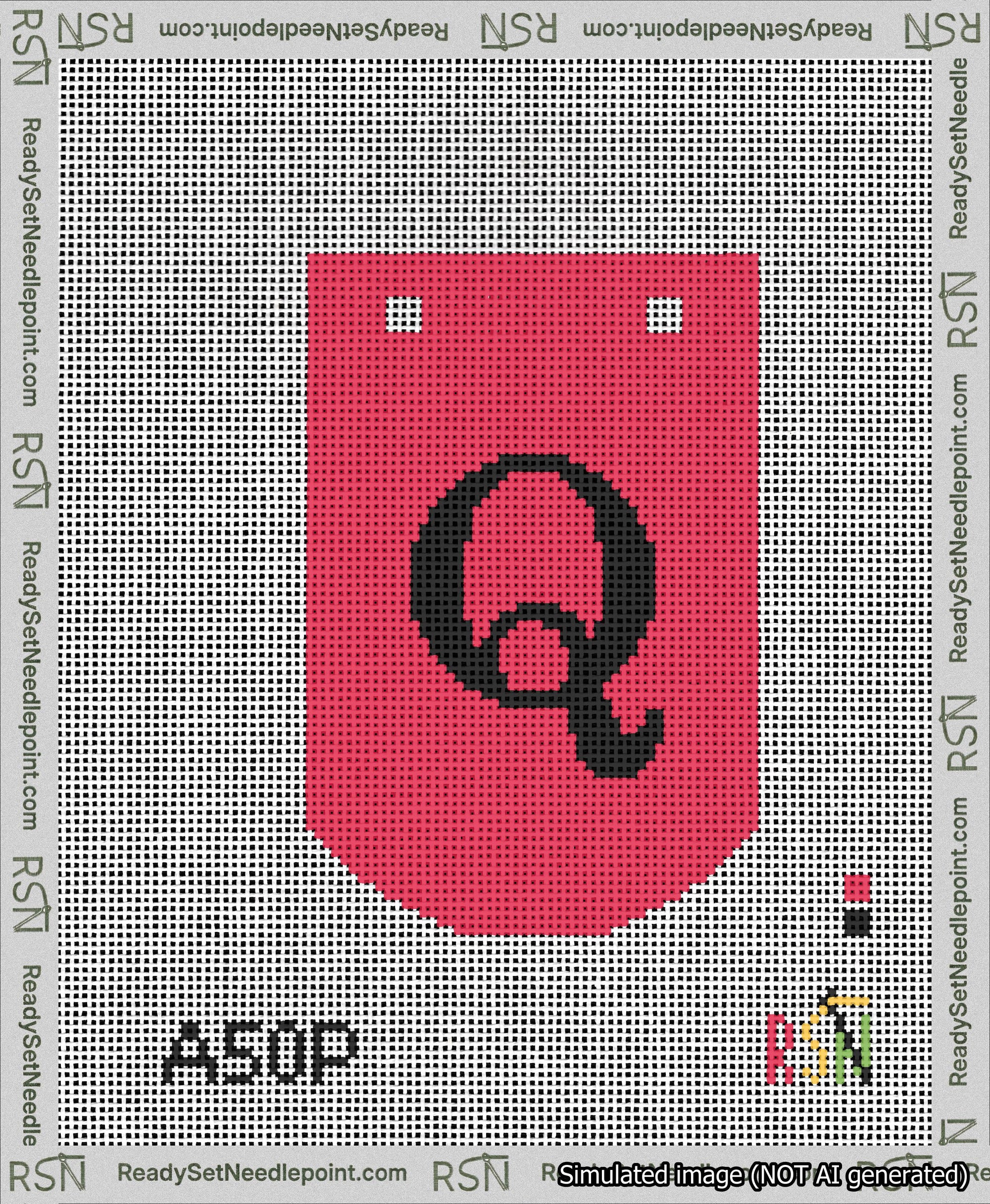 A taped needlepoint canvas with the design: Banner 13 mesh count Curved Q Black on Red.