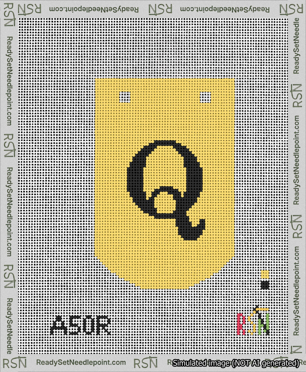 A taped needlepoint canvas with the design: Banner 13 mesh count Curved Q Black on Yellow.
