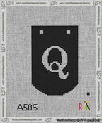 A taped needlepoint canvas with the design: Banner 13 mesh count Curved Q White on Black.