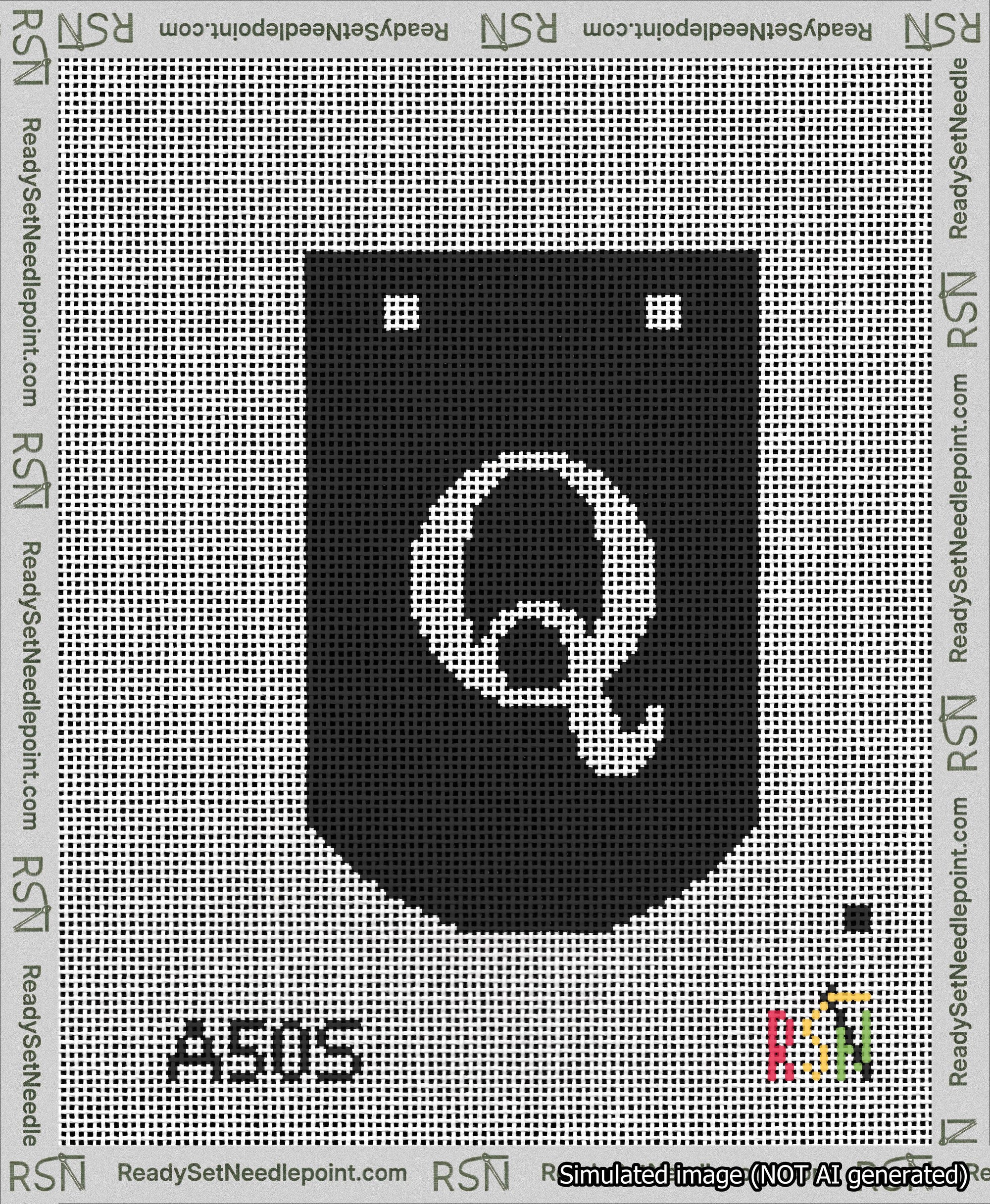 A taped needlepoint canvas with the design: Banner 13 mesh count Curved Q White on Black.