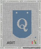 A taped needlepoint canvas with the design: Banner 13 mesh count Curved Q White on Blue.