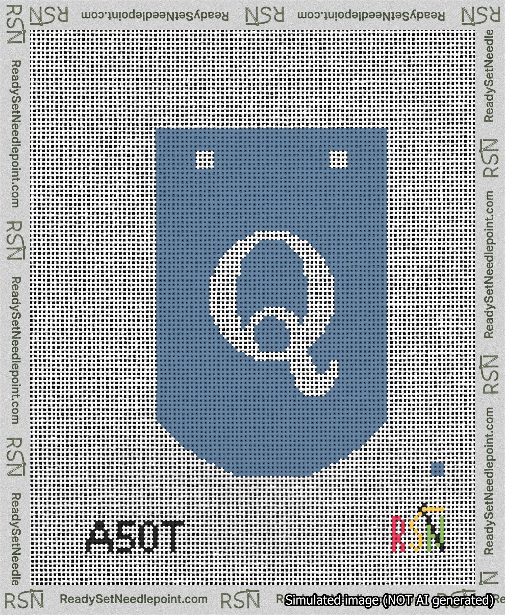A taped needlepoint canvas with the design: Banner 13 mesh count Curved Q White on Blue.