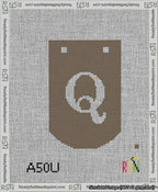 A taped needlepoint canvas with the design: Banner 13 mesh count Curved Q White on Brown.