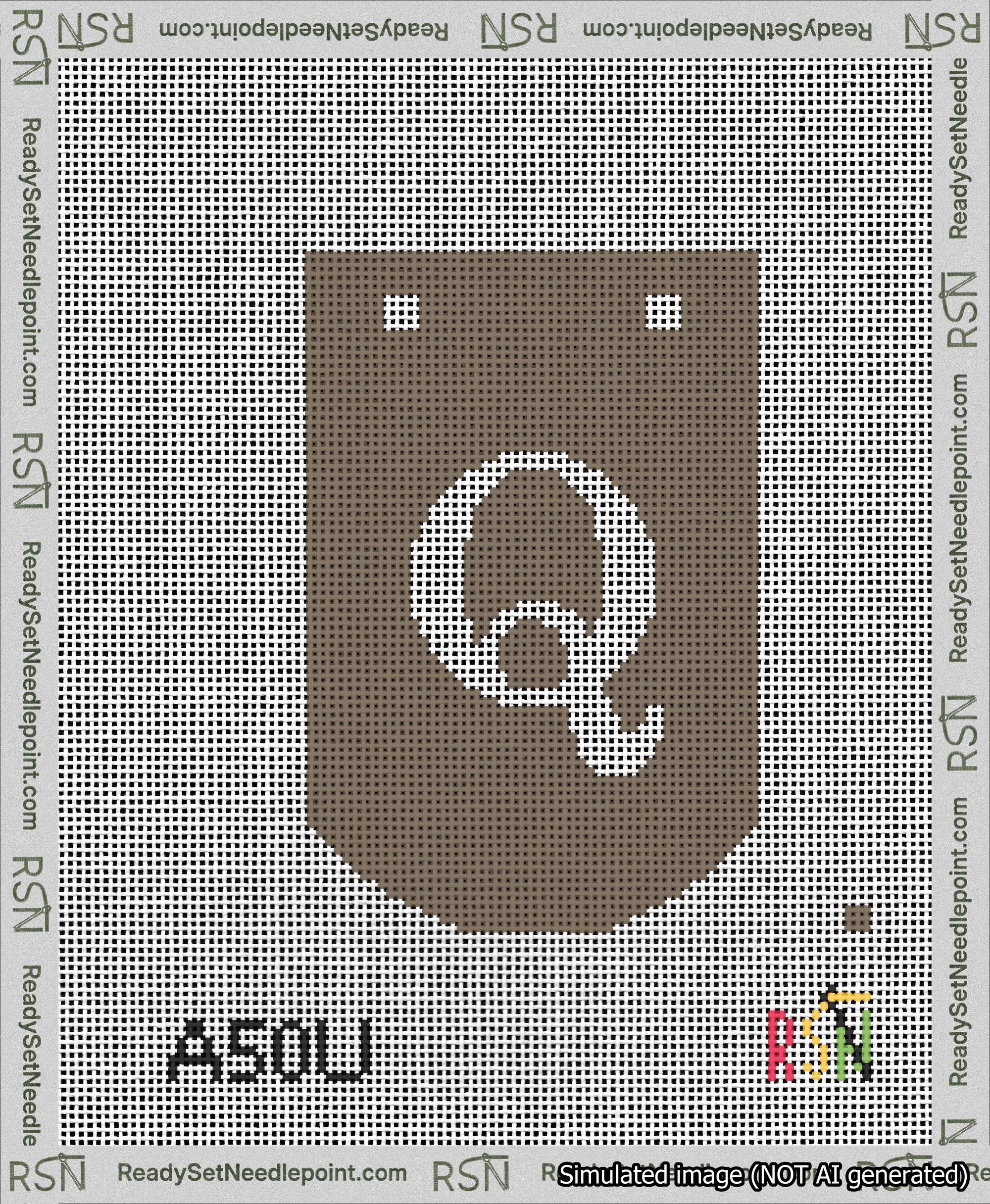 A taped needlepoint canvas with the design: Banner 13 mesh count Curved Q White on Brown.