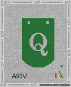 A taped needlepoint canvas with the design: Banner 13 mesh count Curved Q White on Green.