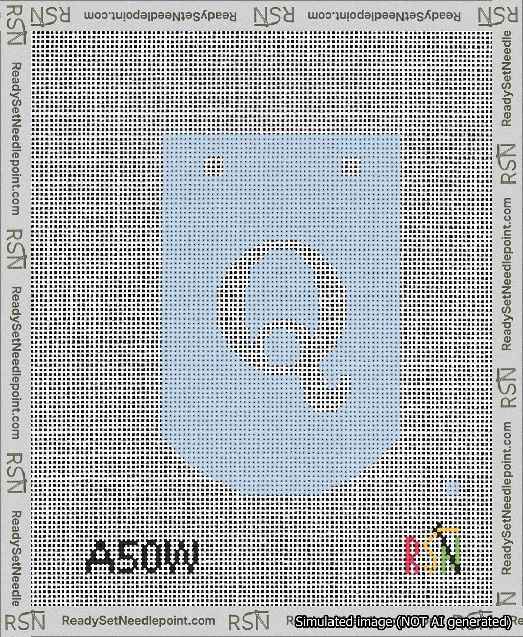 A taped needlepoint canvas with the design: Banner 13 mesh count Curved Q White on Light Blue.