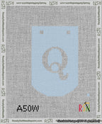 A taped needlepoint canvas with the design: Banner 13 mesh count Curved Q White on Light Blue.