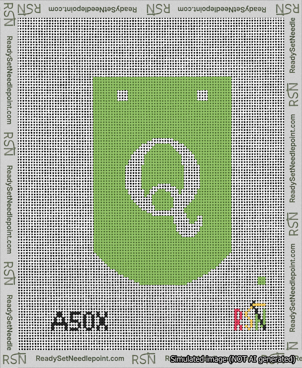 A taped needlepoint canvas with the design: Banner 13 mesh count Curved Q White on Light Green.