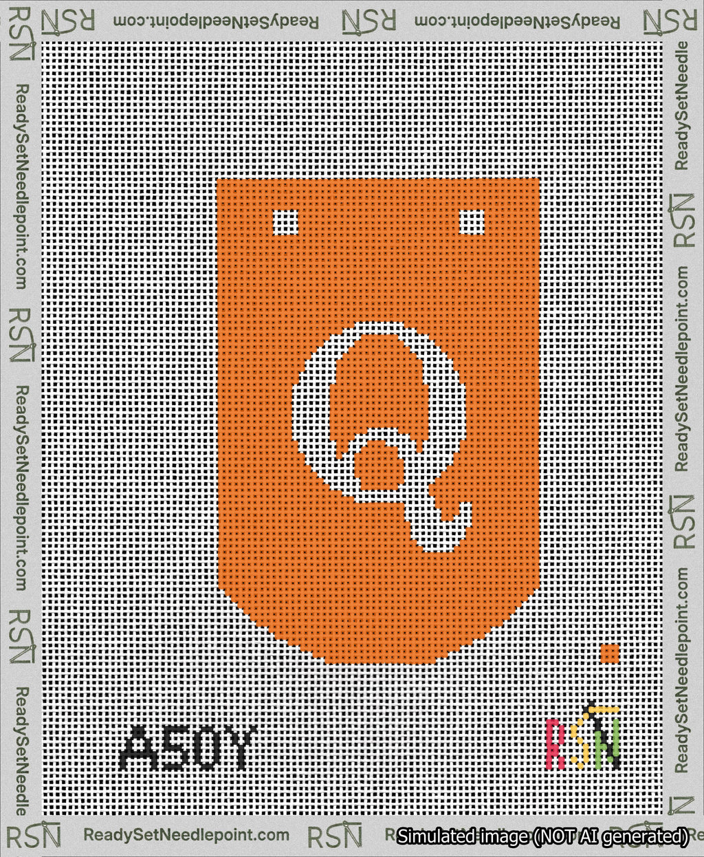 A taped needlepoint canvas with the design: Banner 13 mesh count Curved Q White on Orange.