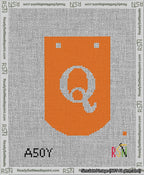 A taped needlepoint canvas with the design: Banner 13 mesh count Curved Q White on Orange.