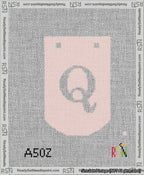 A taped needlepoint canvas with the design: Banner 13 mesh count Curved Q White on Pink.