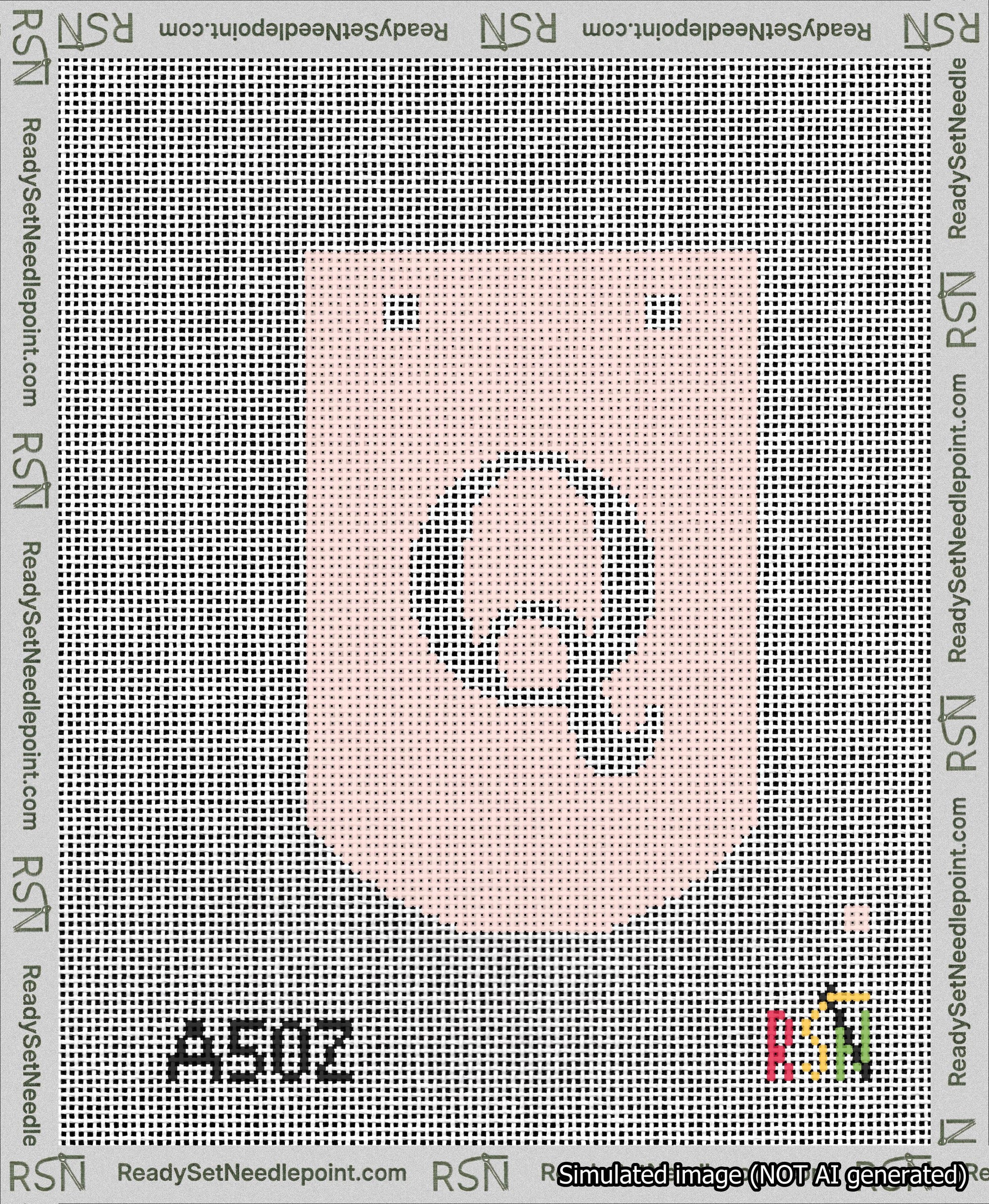 A taped needlepoint canvas with the design: Banner 13 mesh count Curved Q White on Pink.