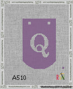 A taped needlepoint canvas with the design: Banner 13 mesh count Curved Q White on Purple.