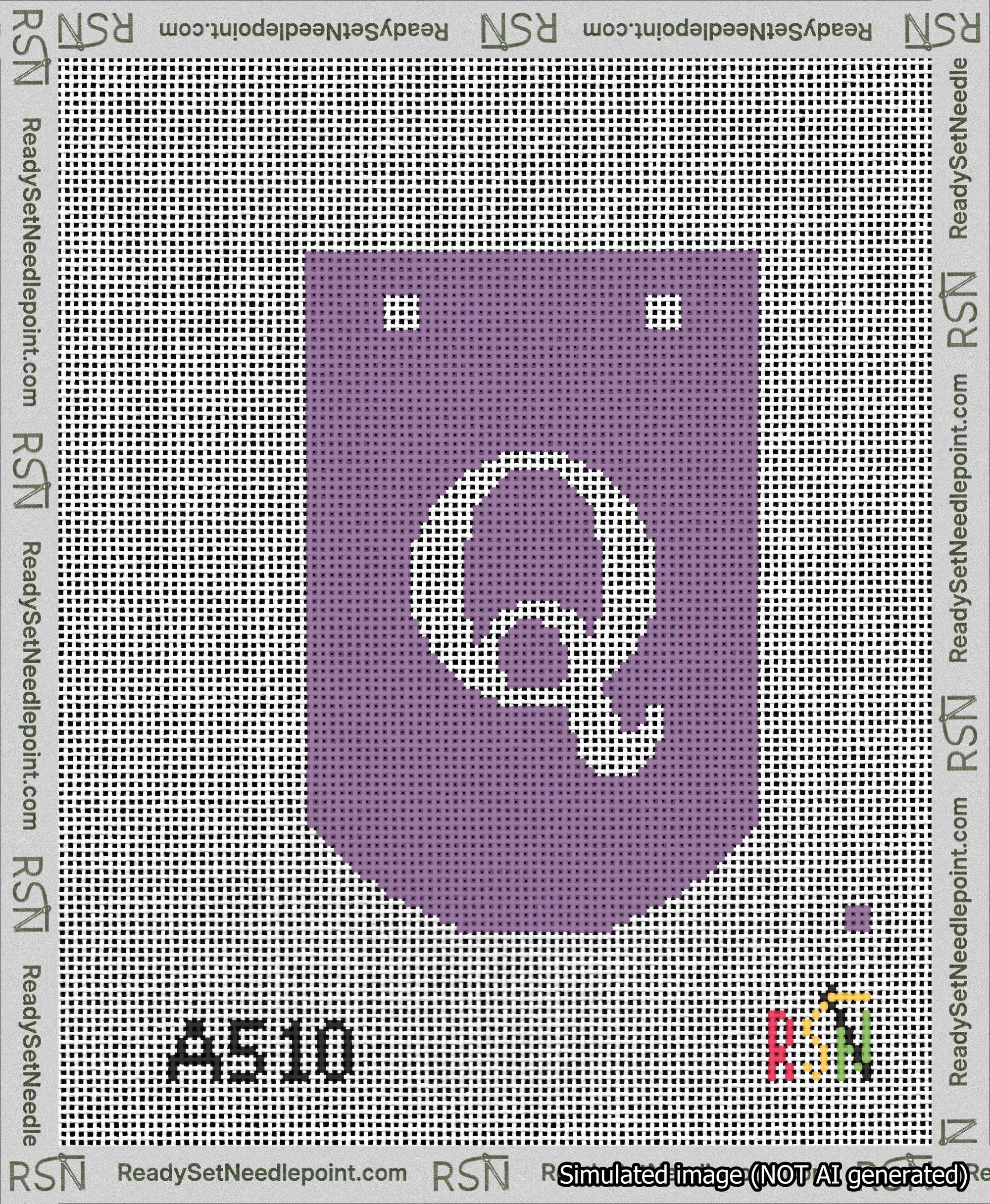 A taped needlepoint canvas with the design: Banner 13 mesh count Curved Q White on Purple.